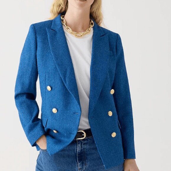 J. Crew Brynn English Moon 100% Wool Blazer in Blue Herringbone Double Breasted